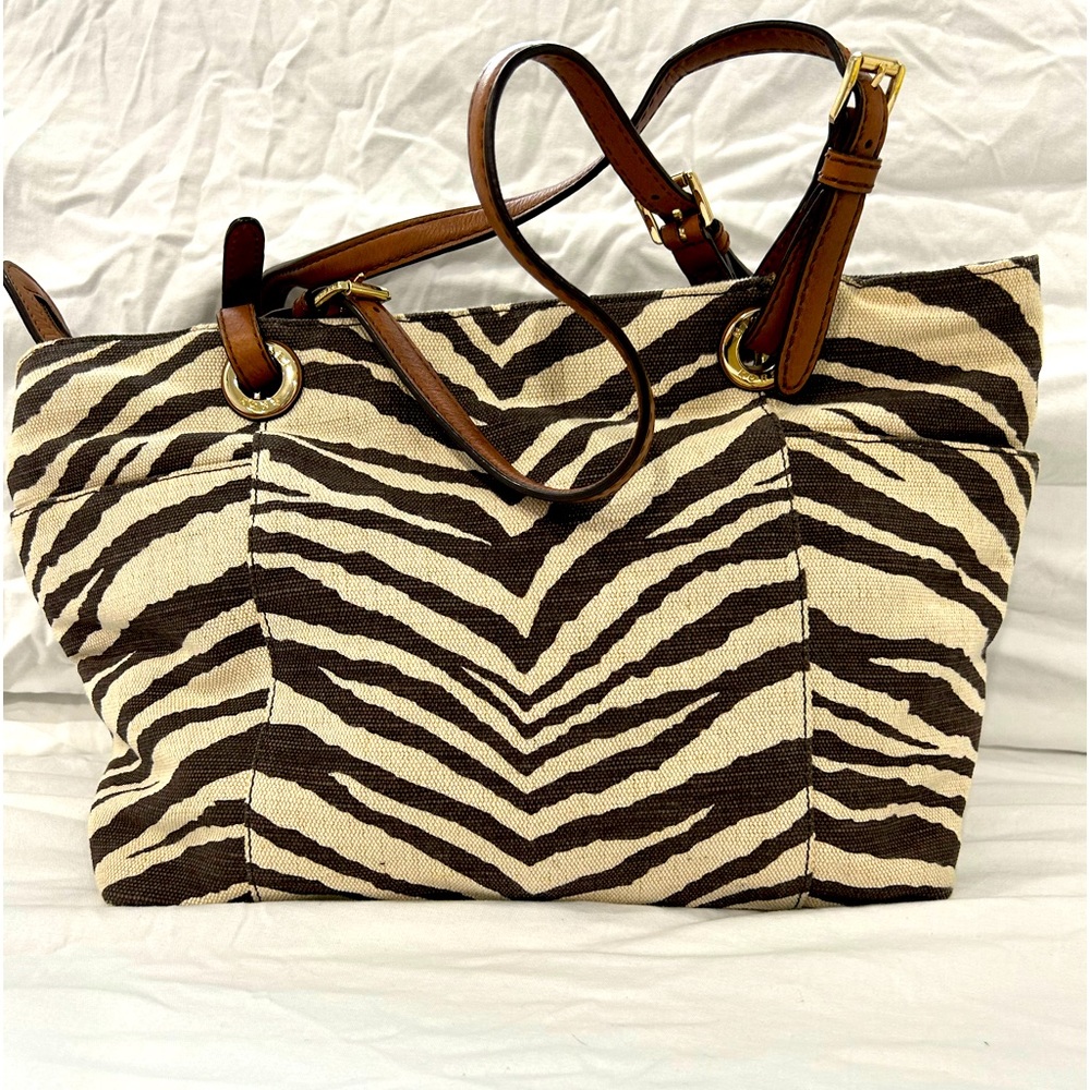 Michael Kors shoulder bag. Tan with dark brown zebra pattern.